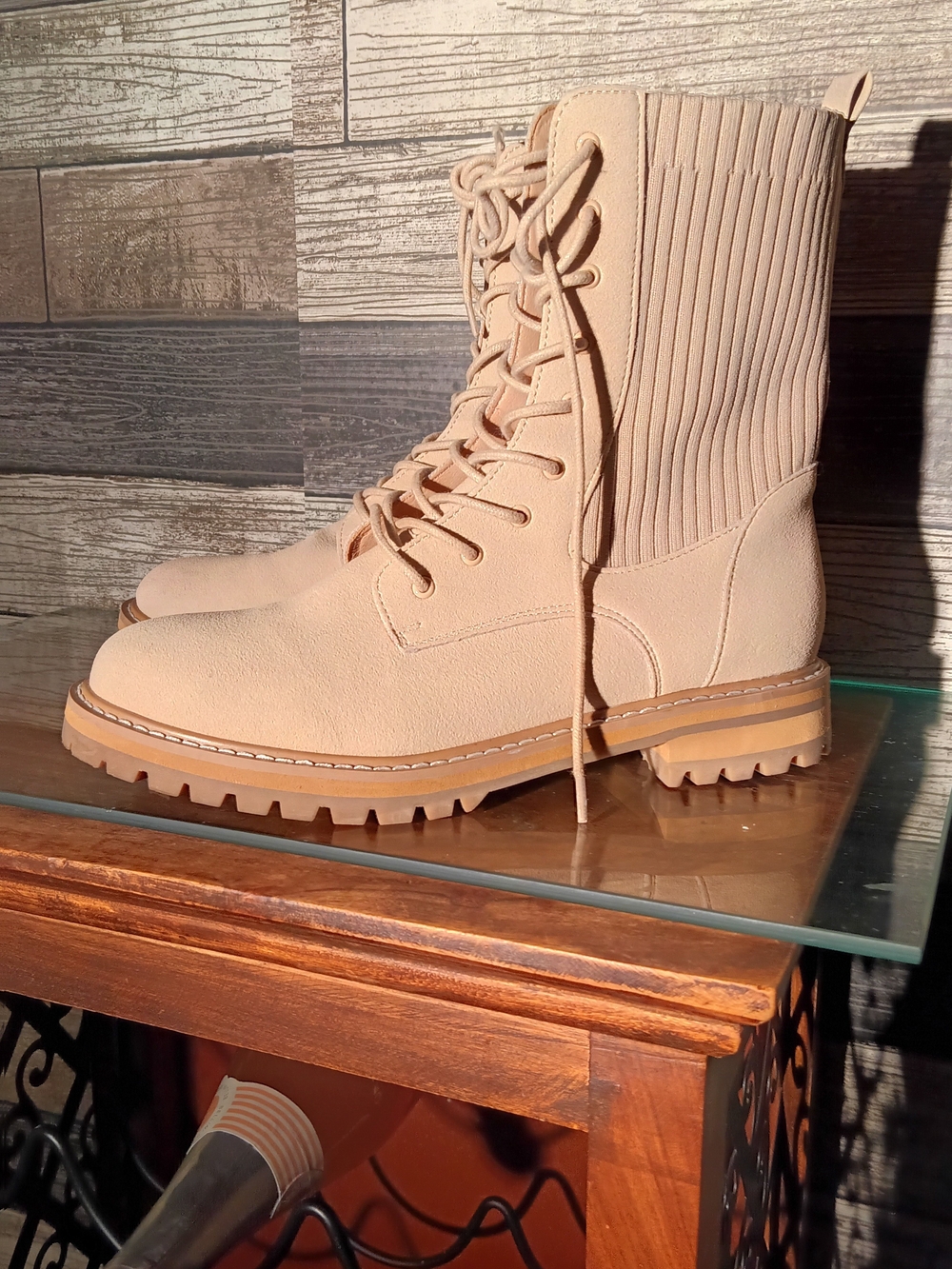 Oasis Society Neutral Faux Suede Sock Combat Boots Lug Sole